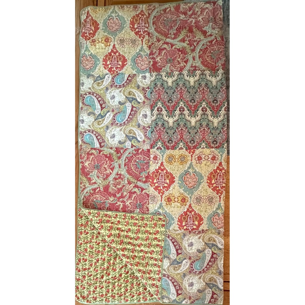 Bohemian Patchwork Quilt Reversible Paisley Floral Red Gold Sage Green Bedspread